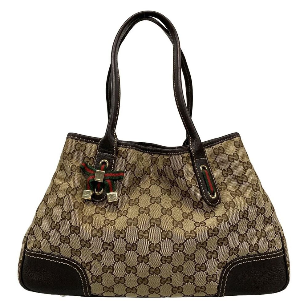 GUCCI Princy GG Sherry web tote bag beige dark brown leather